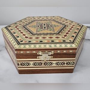Wooden Mosaic Hexagonal Marquetry Jewelry Box From Spain- NWOT